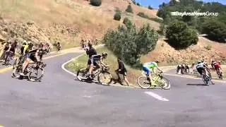 #AMGENTOC cyclists ride through a hairpin turn as they descend Mt. Hamilton during Stage 3 of the To