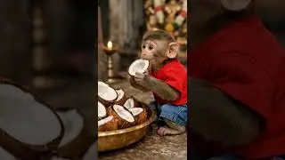 Cute Baby Monkey Eating Coconut