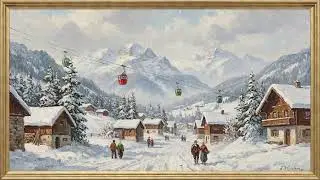 Animated Christmas Ski Village | Framed Art TV Wallpaper 4K | Oil Painting | 2 Hours | No Music