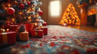 Christmas livingroom background ,Christmas tree ,beautifully wrapped gift box with glowing fireplace