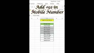 Add +91 in Mobile Number Excel #shorts  #exceltech #excelformula #exceltips