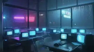 Dark Sad Cyberpunk Internet Cafe in Rain | Neon Glow & Lonely Midnight Ambience | 9 Hours 4K