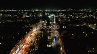 Night Time Drone Shot Over Nyhavn Canal, Copenhagen, Denmark 1