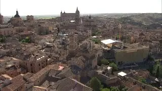Toledo Aerial View Of The Sinagoge And Cathedral. Stock Footage