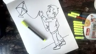 boy flying kite easy drawing for school competition // Uttarayan Kite festival Drawing