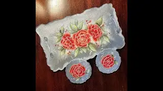 (772)  🌹RED FLOWERS 🌹 ON SILVER RESIN TRAY & COASTERS W/CCDIY & DecoArt Paints w/ Sandra Lett 111021