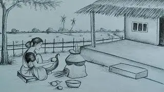 How to draw village women cooking/Indian village drawing with pencil