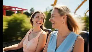 Cinematic, 10 seconds   Two adult women riding a theme park attraction, smiling and enjoying the rid