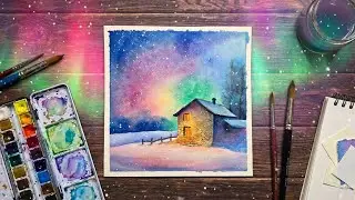 Aurora Borealis Painting with Watercolor/Easy Snowy Night Scene with Watercolor🎨