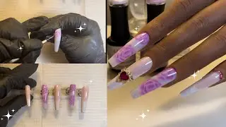 XXL Coffin Press On Nails |  Blooming Rose Nail Art Tutorial