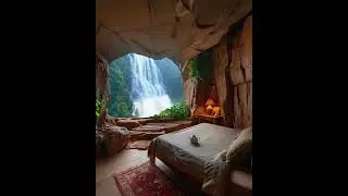 Cozy bedroom in a cave overlooking a waterfall