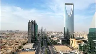 Drone shot King Fahd Road in Riyadh capital city of Saudi Arabia