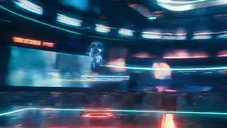 Futuristic stadium filled with glowing neon lights, massive digital billboards