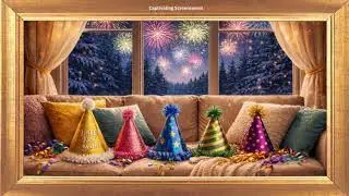 Winter Landscape & Fireworks | Gold Framed Art | Winter Background | Screensaver 4K | No Sound Video