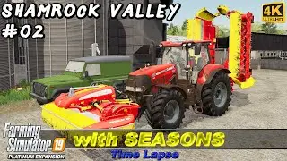 Spreading lime & cultivating, sowing oat. Mowing & raking | Shamrock Valley #02 | FS19 4K TimeLapse