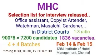 MHC - Selection list for interview released | Office Assistant, Copyist Attender, Masalchi, Watchman