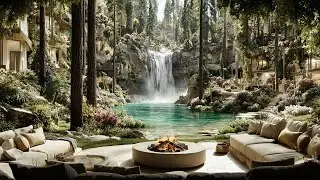 Forest Waterfall Resort Oasis | Crackling Fire, Birds and River Sounds for Deep Focus