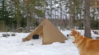 SNOW CAMPING WITH MY HOT TENT AND MY AKITA