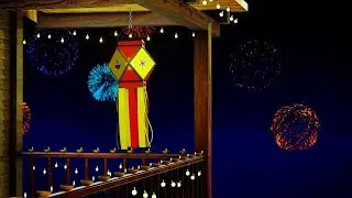 Colorful Diwali Lantern with Diyas and Fireworks on Balcony stock footage | Cinefootage