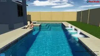Geometric Pool w/ Fountain Shelf, 2 Barstools, Sun Shelf