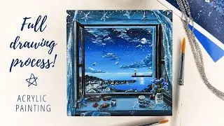 Drawing Dreamy Night Window View with Acrylics! Full Painting Process!