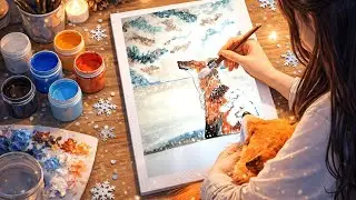Meditative Gouache Painting | Fox Catching Snowfall | Relaxing Art