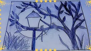 How to Draw Scenery of Moonlight Night by pencil sketch, Love Birds Scenery Drawing