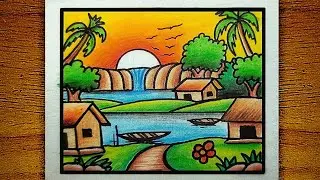 Drawing a Beautiful Village Scenery with Waterfall, Sunrise, and Nature Details