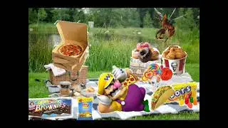 Wario dies by swatting killer bees while enjoying a picnic of junk food