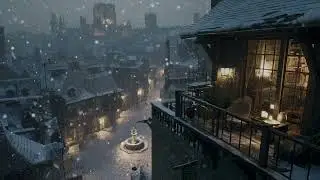 Winter Village at Night 🌙 Fireplace, Sofa & Snow-Covered Streets Ambience