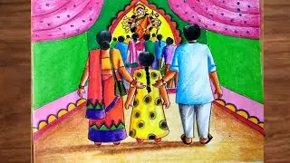 Durga puja scenery drawing step by step with pastels/Durga puja festival drawing