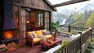 Soothing Morning Jazz Music❄️Cozy Snowy Balcony Retreat Ambience with Breeze Nature & Warm Fireplace