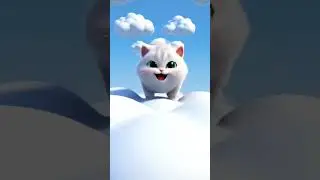 Big-eyed fat cartoon cat jumping on clouds laughing, pastel blue sky, cute atmosphere