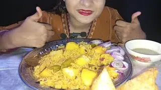 EATING MUKBANG VIDEO ALOO KA SAMOSA ALOO KI BIRYANI MASALA SAUCE ONION 🧅 
