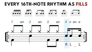 Every 16th-note rhythm as fills (beginner drum exercises)
