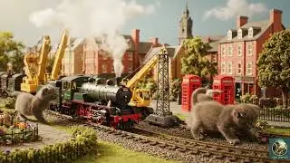 Gray Kittens Explore a Lush Miniature Train Diorama in a Sunny English City