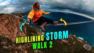 Highliner Slacklining during a Storm between Two Sea Cliffs