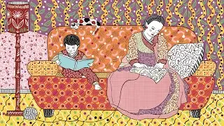 Draw a girl doing beautiful embroidery and a cute kid reading a book in Asian style interior 🛋️🩷
