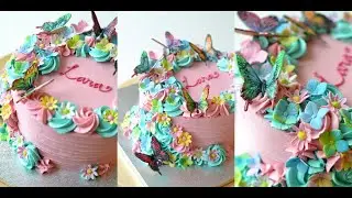 Fondant Butterfly and Flower Buttercream Cake 폰던나비와 꽃이 화려한 생일케이크