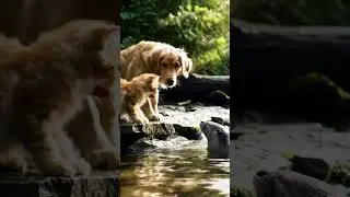 Kitten and Puppy Visit Their Friend in the Forest Stream
