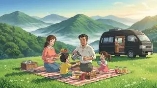 Cozy Van Life in the Rain ☔ | Ghibli-Style Family Journey, Cooking & Mountain Sunrise | No Music