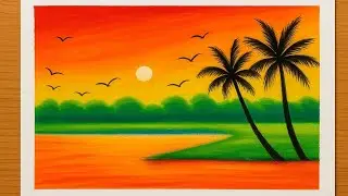 Oil Pastels Drawing | Easy Sunset Landscape Tutorial for Beginners
