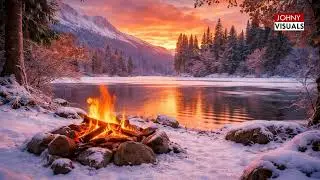 Cozy Winter Campfire by Mountain Lake 🔥 Relaxing Meditation with Crackling Fire & Nature Sound | 4K