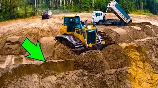 4K. Amazing Machine Operating Task! SHANTUI DH17C3 Dozer Push Sand Fill River & 25T Dump Trucks Soil