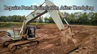 Excavator Caterpillar 320 Repairs Pond Foundation After Dredging