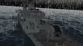 Virtual representation of a ship at sea in a storm
