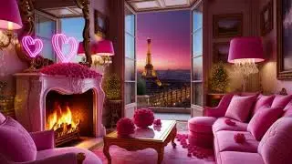 Valentine Night in Pink 💘 Vintage Glam Fireplace Ambience | Paris Sunset View