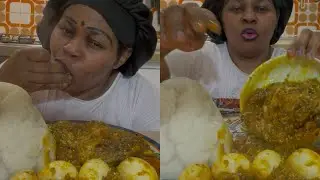 Eating yummy fresh okro soup and fufu