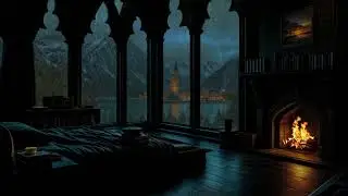 Magical Winter Castle Room • Fireplace Glow, Rainfall & Candlelight for Deep Sleep | No Ads