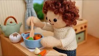 Cute mini wool character doing home work